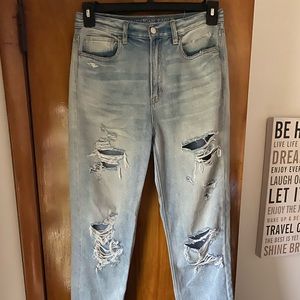 Distressed light wash mom jeans
